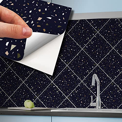 "WALPLUS 15cm(6"")@120pcs Dark Blue Metallic Silver Terrazzo Wall Tile Sticker Tile Paint Stick on Tiles Peel and Stick Self Adhesive Wall Tiles Stickers for Kitchen Bathroom Tile Transfer Backsplash"