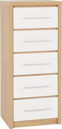 Seconique Seville 5 Drawer Narrow Chest in White Gloss/Light Oak