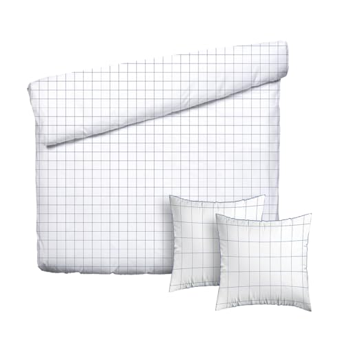 Pure Cotton 3-Piece Double Bedding Set - Duvet Cover 240 x 220 cm & 2 Pillowcases 63 x 63 cm - 100% Cotton Satin, 80 Thread Count, 120 GSM - Oeko-TEX Certified - Checked - White/Blue