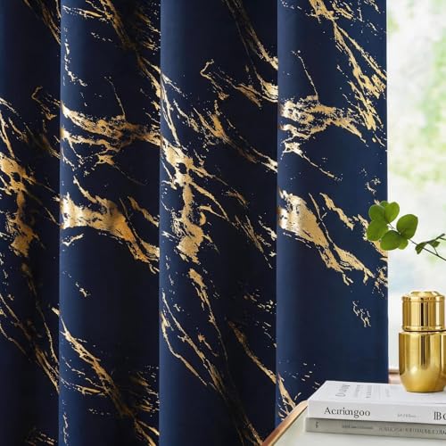 WUBODTI Navy Blue and Gold 100% Blackout Patterned Curtains 96 Inches Long 2 Panels, Gold Marble Printed Thermal Insulated Curtain Modern Abstract Drapes for Bedroom Living Room Dining Room