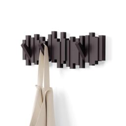 Umbra Sticks Wall-Mounted Coat Rack Rail Hook with 5 Retractable Pegs â€“ Modern, Space-Saving Storage Organizer, Espresso