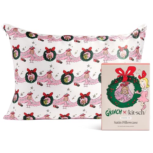 The Grinch x Kitsch Satin Pillowcase with Zipper for Hair & Skin - Softer Than Silk Pillow Cases, Smooth Cooling Pillow Cover, Wrinkle-Free, Machine Washable, Queen/Standard (19x26)- Cindy Lou