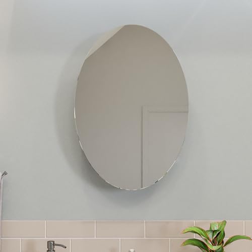 Croydex Tay Oval Polished Stainless Steel Bathroom Storage Cabinet with Mirrored Door, Ideal Bathroom Mirror Solution for Small Spaces, Fixed Shelf, 90-Degree Pivot Hinge, 650x450mm