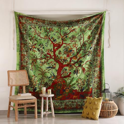Popular Handicrafts Tree Of Life Hippie Tie dye Psychedelic Tapestry Wall Hanging - Indian Maditation Gypsy Bohemian Hippy Dorm Room Decor Poster Green 81 x 88 Inch (Kp1761)