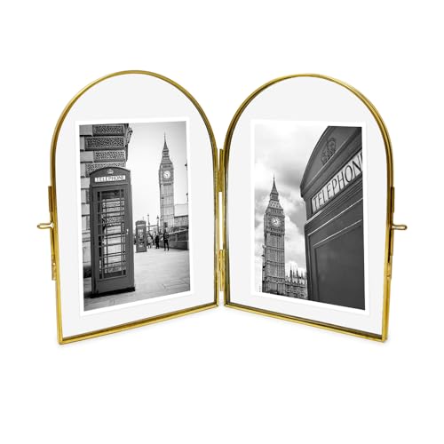 Isaac Jacobs 4x6 Vintage Style, Double-Sided Arched Brass & Glass Metal Floating Picture Frame with Locket Closure (Vertical), Made for Tabletop Display (4x6 Vertical, Antique Gold)
