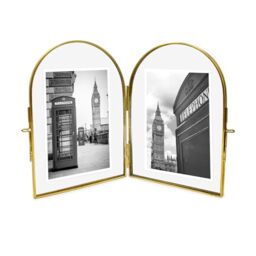 Isaac Jacobs 4x6 Vintage Style, Double-Sided Arched Brass & Glass Metal Floating Picture Frame with Locket Closure (Vertical), Made for Tabletop Display (4x6 Vertical, Antique Gold)