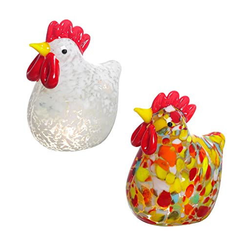 LONGWIN 2PCS Mini Glass Chicken Figurine Hand Blown Art Glass Rooster Animal Statues Collectible Figurines Unique Gift Home Decor Ornaments