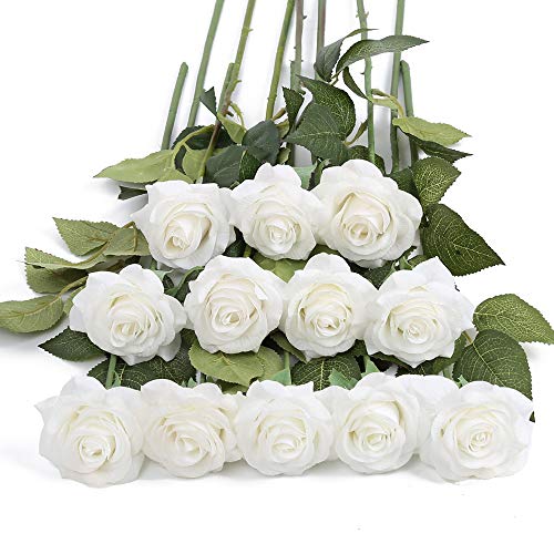 IPOPU 12Pcs White Roses Artificial Flowers Bulk Real Touch Fake Silk Flowers Roses Floral Arrangement Bouquet Floral for Valentine's Day Home Wedding Party Garden Bridal Decorations DIY (White)