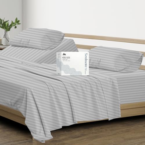 500 Thread Count Bed Sheets 100% Egyptian Cotton Striped Sheets Set - Silver Long-Staple Cotton Split King Sheet for Bed, Fits Mattress Upto 16'' Deep Pocket, Soft & Silky Sateen Weave Sheets