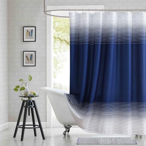BESTRIPES Extra Long Blue Shower Curtain, Modern Navy Blue and White Gradient Horizontal Stripe Waterproof Polyester Shower Curtains for Bathroom, 72x84 Inches