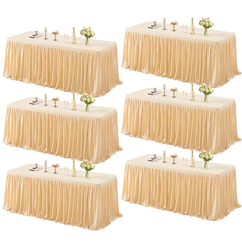 6 Pack Dark Champagne Tablecloths for Rectangle Tables 6ft, Wrinkle Resistant Champagne Table Cover Fitted Stretch Table Cloth with Pleated Ruffle Skirts for Party Banquet Dining Birthday Wedding