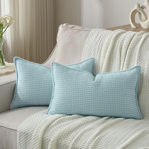 FUTEI Pack of 2 Houndstooth Throw Pillow Covers 12x20 Inch Soft Chenille Gingham Textured Farmhouse Decorative Lumbar Pillowcases Modern Home Decor for Couch Bedroom Living Room, Light Blue