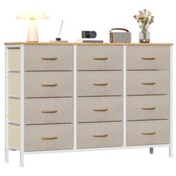 GoaHi Chest of Drawers with 12 Drawers,Bedroom Drawers, Fabric Dresser with Wood Top,Drawer Storage Unit for Bedroom, Living room, Beige