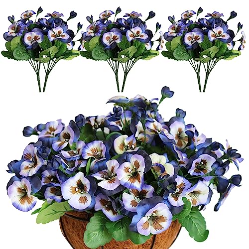Elyjhyy 6PCS Artificial Flowers Artificial Pansy Bushes Faux Plastic Flower Fake Plants Indoor Outdoor Home Garden Decoration (Purple Blue)