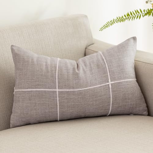 "vctops Rustic Lattice Cotton Linen Decorative Throw Pillow Cover Embroidery Lumbar Cushion Cover Pillowcase for Sofa Bedroom Couch (Plaid Brown, 12""x20"")"