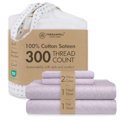 "Threadmill Cotton Queen Sheet Set - 100% Cotton Damask Jacquard Sheets With 16"" Deep Pocket - Soft Sateen Weave 4-Piece Cooling Bedding for Queen Size Bed - Lilac"