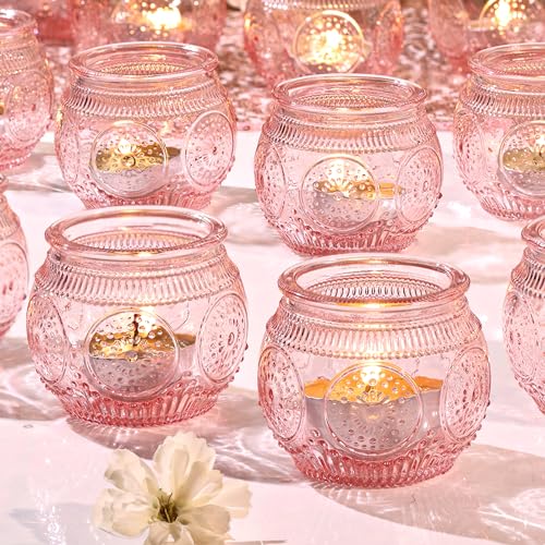 LAMORGIFT 24 Pcs Pink Candle Holders- Pink Table Decor for Sweet 16th Party/Babyshower, Glass Votive Candle Holders for Wedding Table Decorations, Baby Shower, Birthday, Valentine's Day Decor