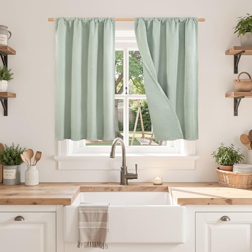 BGment Sage Green Linen Blackout Curtains 36 Inch Length for Kitchen, Room Darkening Drapes with Rod Pocket Textured for Small Bedroom Window Privacy, 2 Panels Set, Each 30 Inch Wide