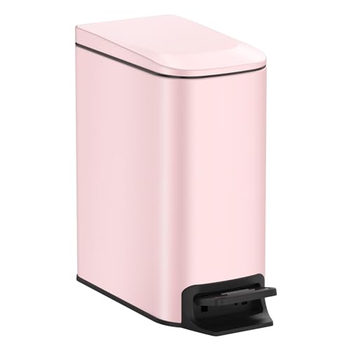 TIPGO Slim Bathroom Trash Can with Lid Soft Close, 6 Liter / 1.6 Gallon Stainless Steel Garbage with Removable Inner Bucket, Small Trash Bins for Bedroom, Office (Pink)