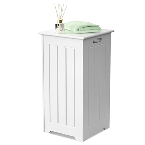 FANTASK Freestanding Storage Cabinet Bathroom Cabinet White Laundry Basket Lid Laundry Chest Laundry Basket Wood Material 30 x 30 x 61 cm (L x W x H)
