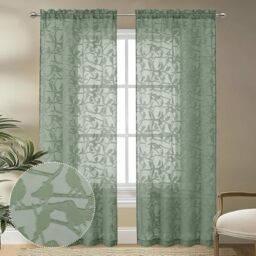OVZME Anji Textured Sage Green Sheer Curtains 84 inch Length 2 Panels Set for Living Room, Bird Semi Voile Balance Privacy & Light Rod Pocket Elegant Jacquard Sheer Curtain for Bedroom, 38Wx84L
