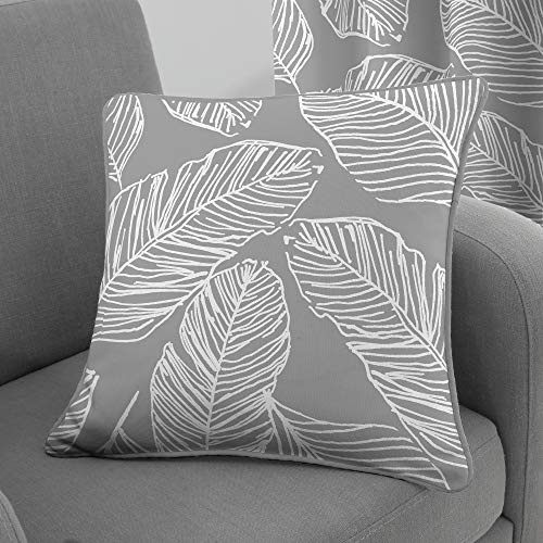 Fusion - Grey Leaf Cushion (43 x 43cm) - 100% Cotton - Filling Included - Piped Edge - Grey Tropical Leaves Print Cushion with Covers Included/Cushion Inserts - Matching Curtains Available