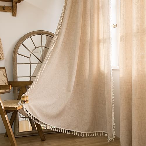 "Sutuo Home Boho Curtains 63 Inches Long, Bohemian Linen Style Textured Curtains with Tassels for Living Room, Semi Blackout Farmhouse Drapes, Rod Pocket Window Treatments 2 Panels, 52"" x 63"", Coffee"