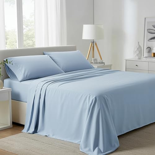 "Carressa Linen 100% Egyptian Cotton Queen Sheet Set - 800 Series Tulips Collection Egyptian Cotton Sheets Queen Size (4 PC, Light Blue), 16"" Deep Pocket Sateen Weave Luxury Hotel Bed Sheet"