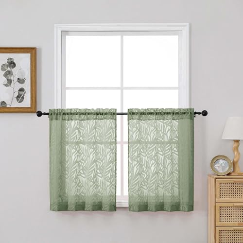OVZME Sage Green Kitchen Sheer Curtains 30 inch Length 2 Panels Set, Voile Light Filtering Farmhouse Leaf Jacquard Short Tier Curtains for Cafe Bathroom Bedroom, Dual Rod Pocket, 2x28Wx30L Inches