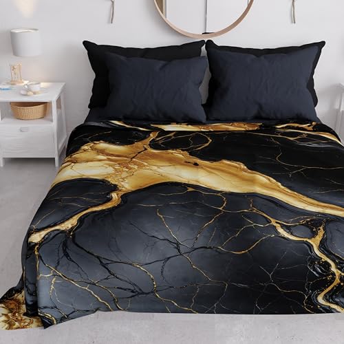 PETTI Artigiani Italiani - Double Bedspread Spring Summer Light Blanket Double Bed Sheets Bed Cover Marble Gold Black 100% Made in Italy