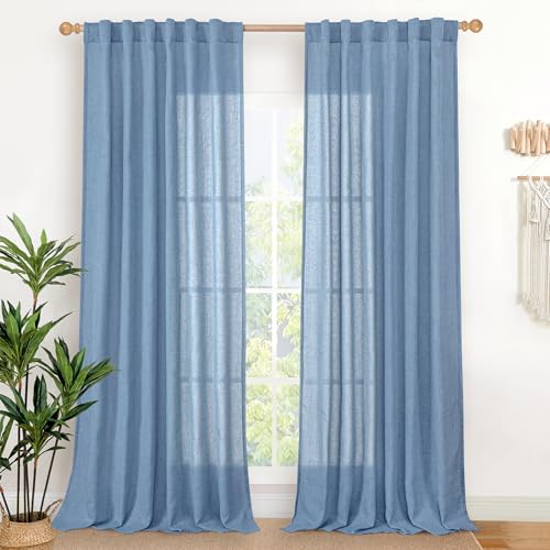 YoungsTex Light Blue Linen Curtains 84 Inches Long for Living, Light Filtering Drapes Semi Sheer with Rod Pocket Back Tab Privacy for Dining Bedroom Window, 2 Panels, 52 x 84 Inch