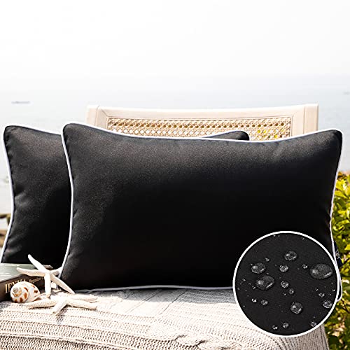 Phantoscope Pack of 2 Outdoor Waterproof Throw Pillow Covers Decorative Square Outdoor Pillows Cushion Case Patio Pillows for Couch Tent Sunbrella, Black 12x20 inches 30x50 cm