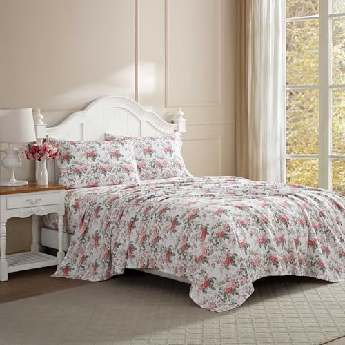 Laura Ashley - King Sheet Set, Buttery-Soft Bed Sheets w/a Naturally Silky Smooth Cotton Sateen Lightweight Feel - Matching Pillowcases & Fitted Sheet (Bettinas Blooms Red)