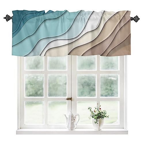 Teal Blue Modern Geometric Curtain Valance for Windows Rod Pocket Valance Window Treatments Turquoise Brown Abstract Ocean Wave Short Curtains for Kitchen Windows Bathroom Bedroom 42x12in