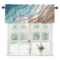 Teal Blue Modern Geometric Curtain Valance for Windows Rod Pocket Valance Window Treatments Turquoise Brown Abstract Ocean Wave Short Curtains for Kitchen Windows Bathroom Bedroom 42x12in