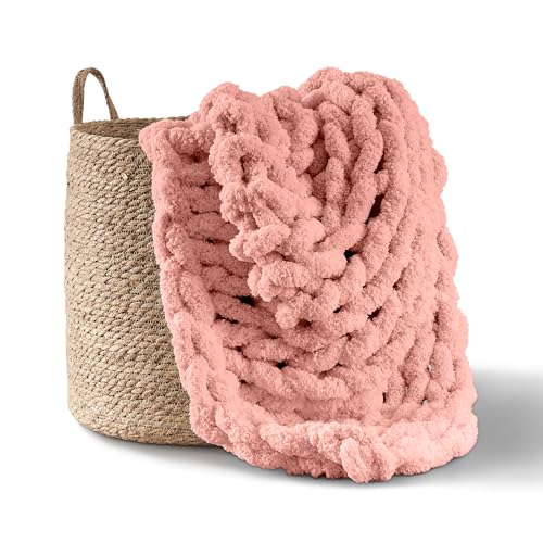 "Adyrescia Chunky Knit Blanket Throw - 100% Hand Knit with Jumbo Chenille Yarn (50""x60"", Seashell Pink)"