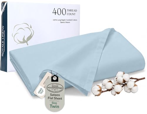 Royale Linen 400 Thread Count 100% American Grown Cotton - Cooling Sheets - Twin Sheets - Luxury Sateen Weave - Twin Flat Sheet Sold Separately - Blue Flat Sheet Only (Twin, Caribbean Blue)