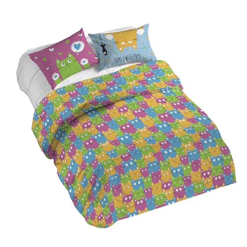 PENSIERI DELICATI Duvet Cover, Cotton, Happycat Multicolor X2, Queen-Size Bed
