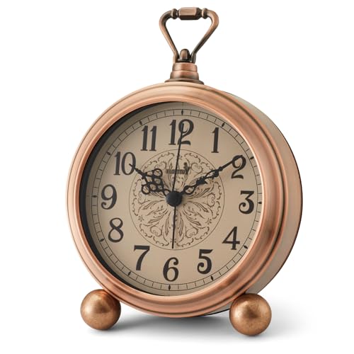 "FLOITTUY 4.5"" Battery Operated Antique Retro Analog Metal Alarm Clock, Silent Bedside Desk Clock, Wall-Hanging Vintage Clock(Vintage Bronze)"