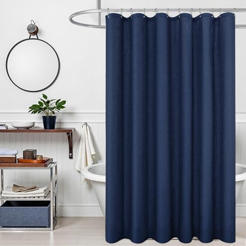 KOUFALL Navy Blue Curtains 84 Inch Length for Bathroom Shower Liner Waterproof Linen Textured Fabric Light Fitering Semi Sheer Boho Shower Curtain,Dark Blue
