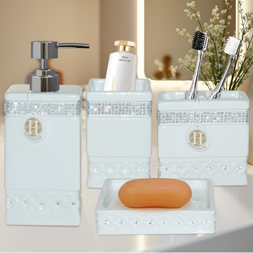 CAAHANJIA Bathroom Accessories Set 4 Pcs-Ceramic Gift Soap Dispenser Pump & Toothbrush Holder Tumbler Cup Dish - Home Decor Clearance, Countertop Vanity Organize(White) (White05), JS52605