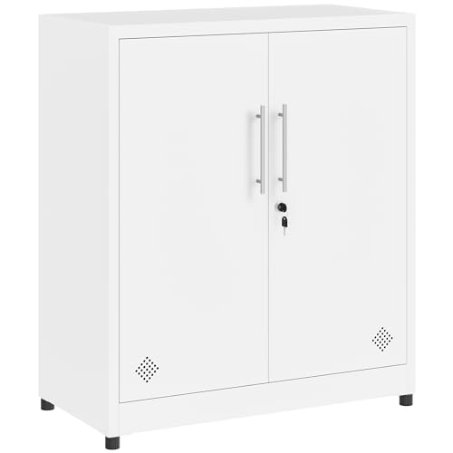 YITAHOME 2 Door Storage Cabinets, Metal Filing Cabinets with Key, Freestanding Storage Cupboard with 2 Adjustable Shelves, Bathroom Organizer Cupboard, File Cabinets for Home Office, White