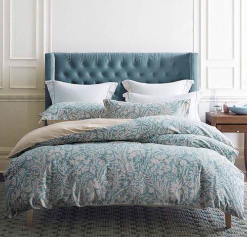 SLEEPBELLA Duvet Cover Full Size, 600 Thread Count Cotton Beige & Bluish Grey Printed with Luxurious Leaves Pattern Reversible Botanical Comforter Cover Sets, Bedding Set 3Pcs (Full Beige Paisley)