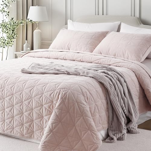 "DAWNDIOR Corduroy Quilt Set Oversized King 112""x106"", Lightweight All-Season Quilt with 2 Pillow Shams, Soft Fine-Striped Quilted Bed Cover, Rose Pink"