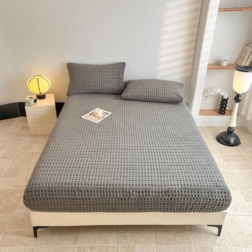 "Waffle Weave Queen Fitted Sheet Deep Pocket 15"" - Ultra Soft Textured Bed Sheet with Elastic All Around - Breathable Hotel Quality Bedding, Charcoal Grey"