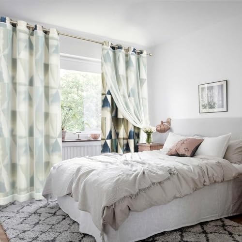 Leeva Grommet Double Layered Curtains and Solid Sheer, Modern Geometric Printing Privacy Window Treatment Curtain Panels for Bedroom Living Room, Blue, Set of 2, 52 x 84 Inches