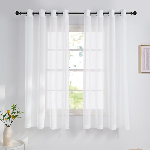 NICETOWN Voile Curtains Short with Eyelets H 125 x W 140 cm White Curtains Transparent Eyelet Curtain Set of 2 Decorative Linen Look Curtain Transparent Panel Curtains Kitchen