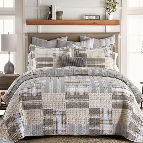 SahSahCasa Quilt Queen Size, Queen Quilt Set, 100% Cotton Queen Quilt Bedding Set Bedspreads, Farmhouse Patchwork Reversible Plaid Lightweight Quilts Bedspread for Queen Bed, Beige/Grey/Tan