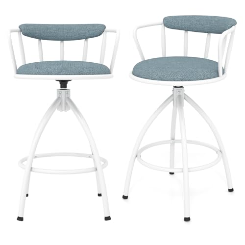 GiantexUK Swivel Bar Stools Set of 2, Counter Height Kitchen Stools with Backrest & Footrest, Upholstered Breakfast Chairs for Home Bar Dining Reception (Blue+White, 52 x 51 x 87cm, Polyester)