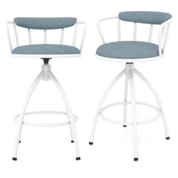 GiantexUK Swivel Bar Stools Set of 2, Counter Height Kitchen Stools with Backrest & Footrest, Upholstered Breakfast Chairs for Home Bar Dining Reception (Blue+White, 52 x 51 x 87cm, Polyester)